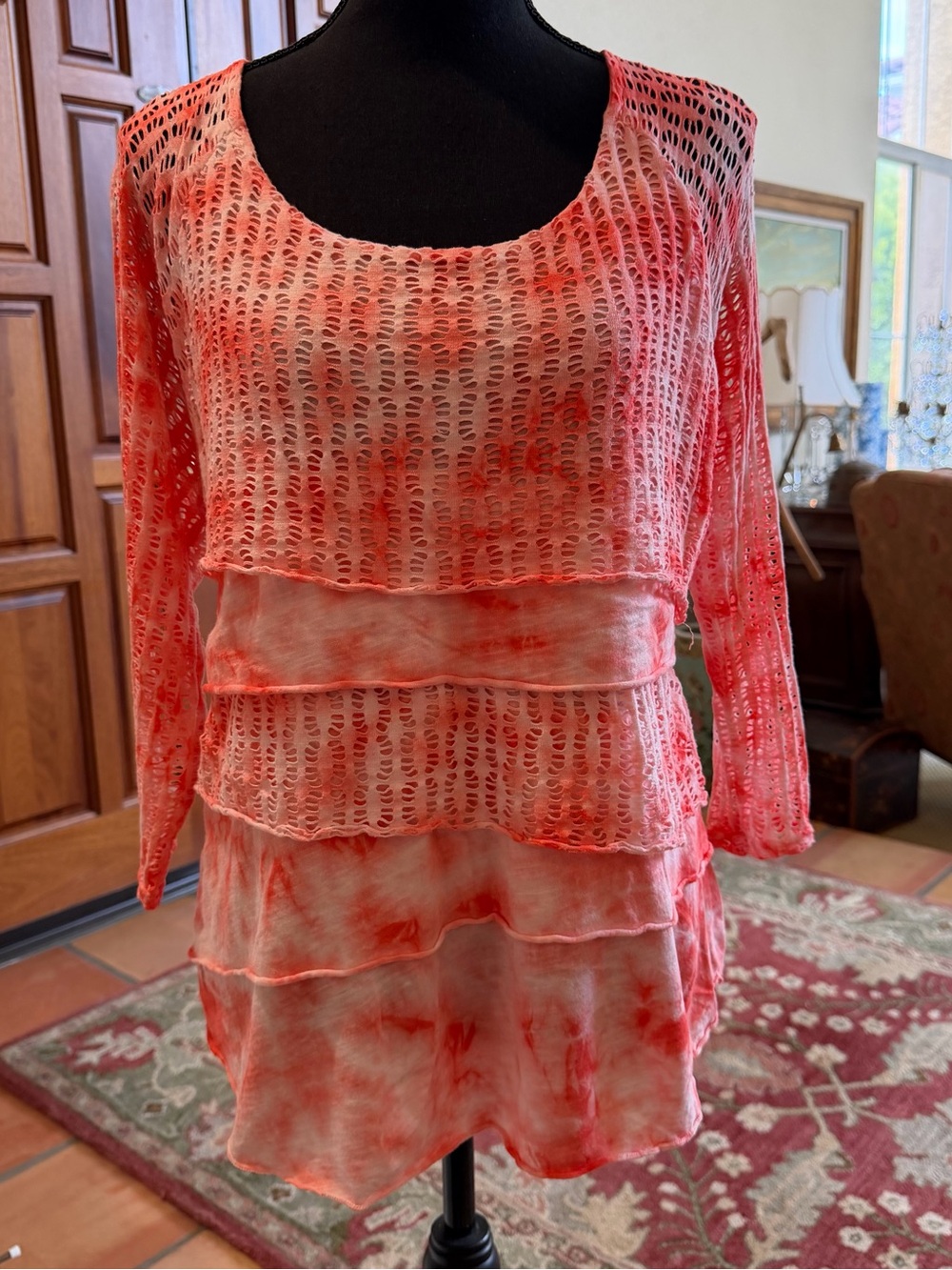 Layered Coral Pink Open-Knit Tunic Top
